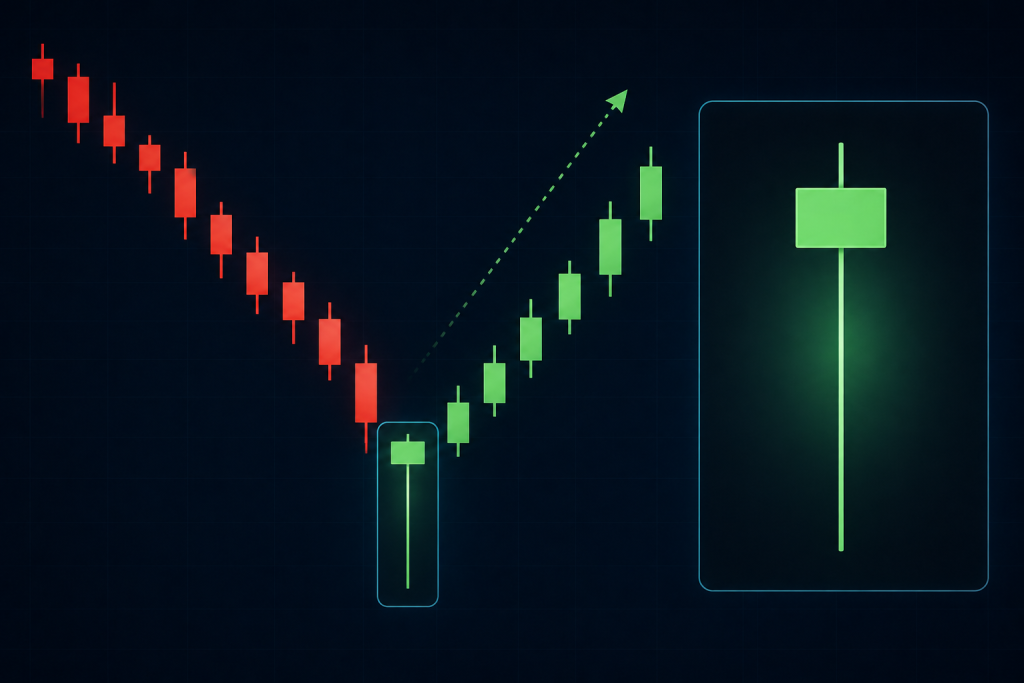 Green hammer candlestick pattern on stock chart
