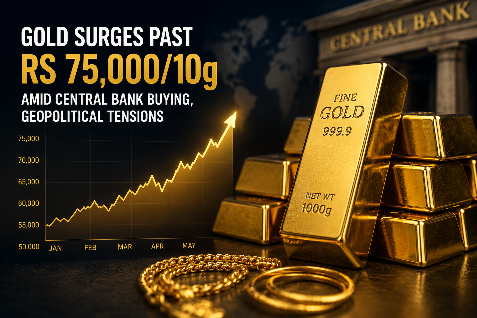 Gold Surges Past Rs 75,000/10g Amid Central Bank Buying, Geopolitical