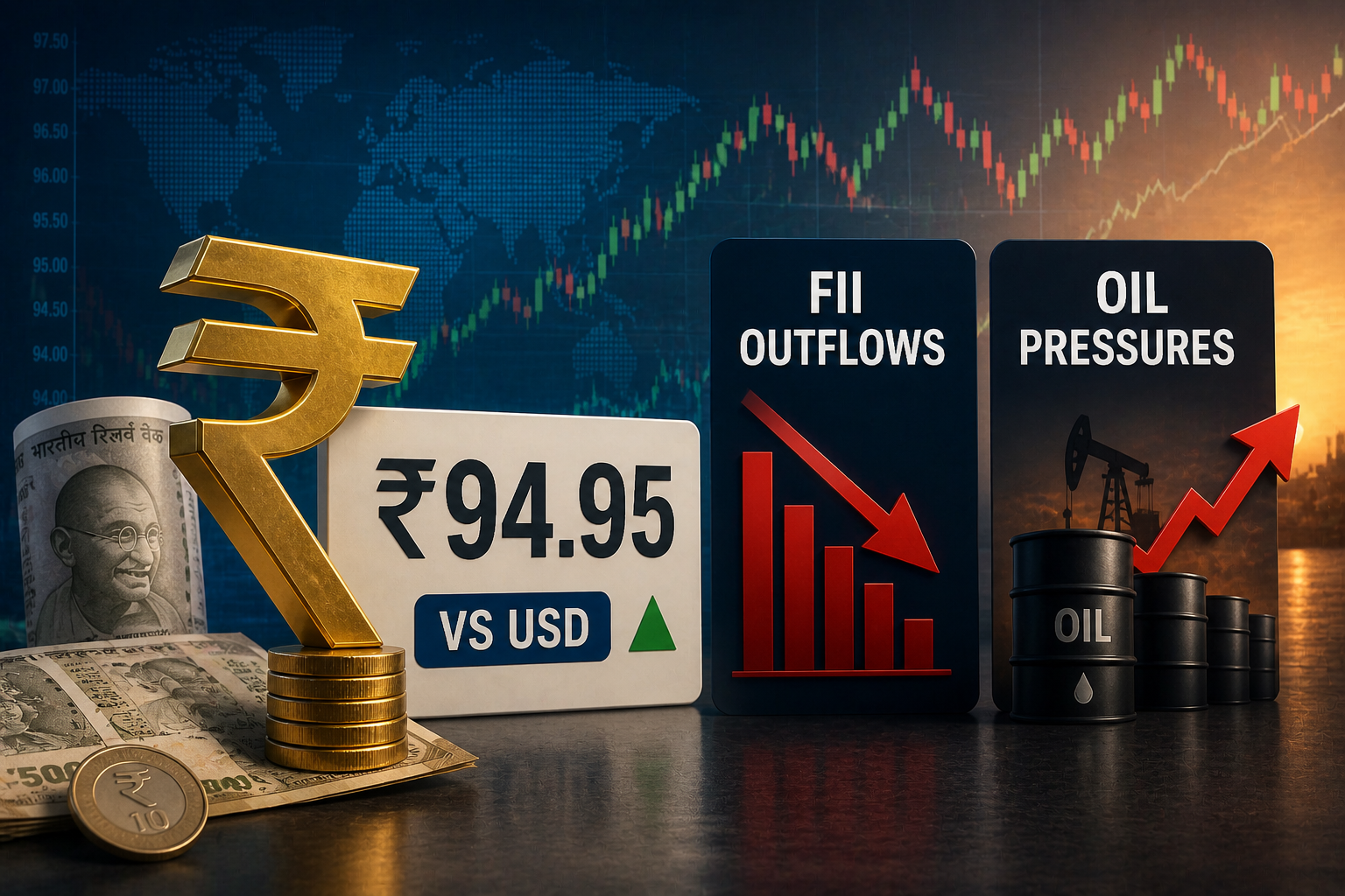 Rupee Opens at 94.95 vs USD: FII Outflows, Oil Pressures