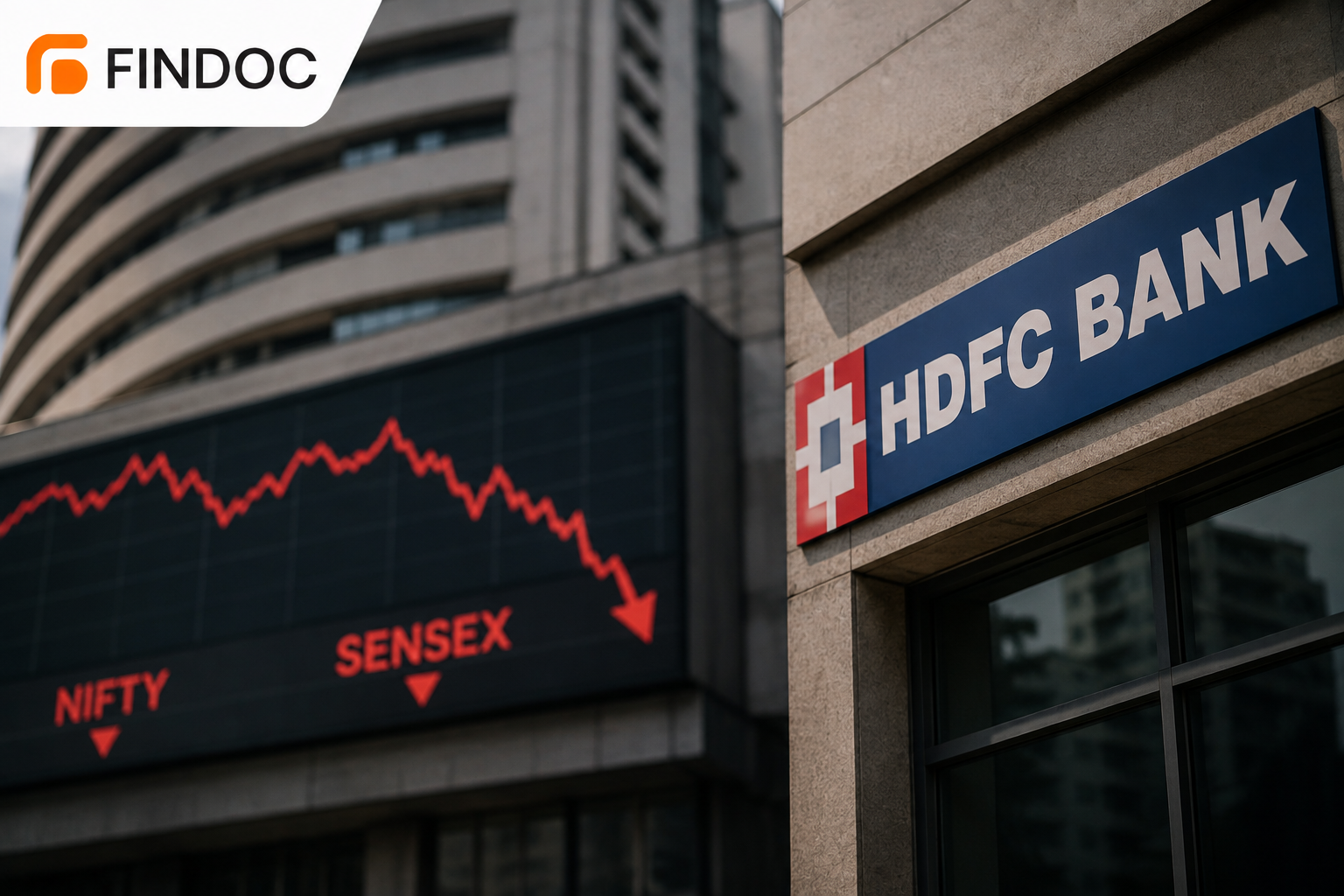 HDFC Bank sign with falling Nifty and Sensex