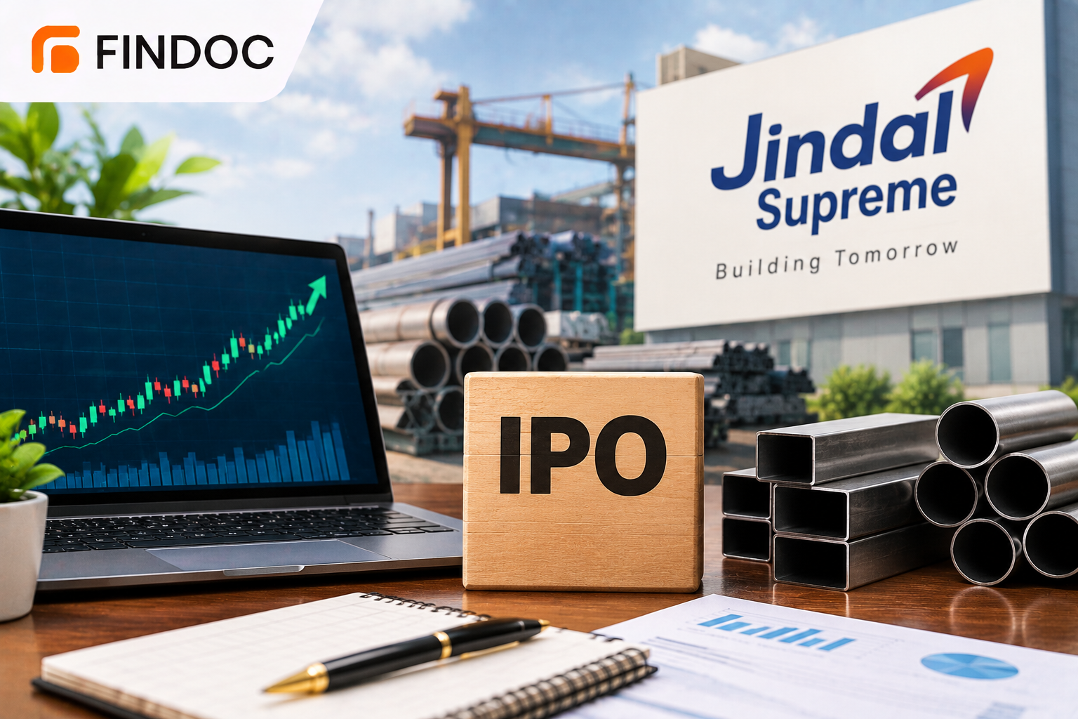 Jindal Supreme sign with an IPO wooden block
