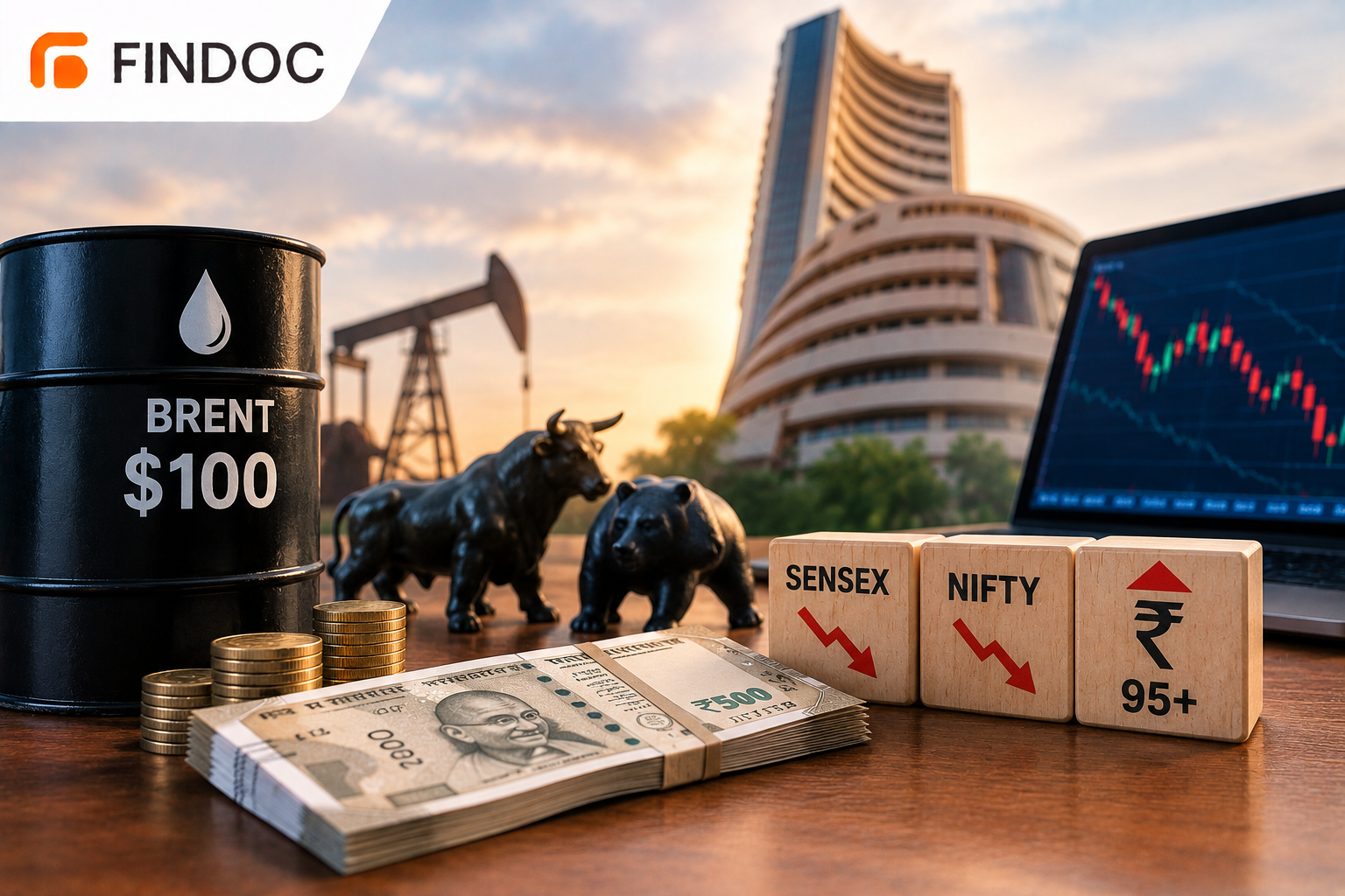 Brent Nears $100: Sensex, Nifty Slip as Rupee Crosses ₹95