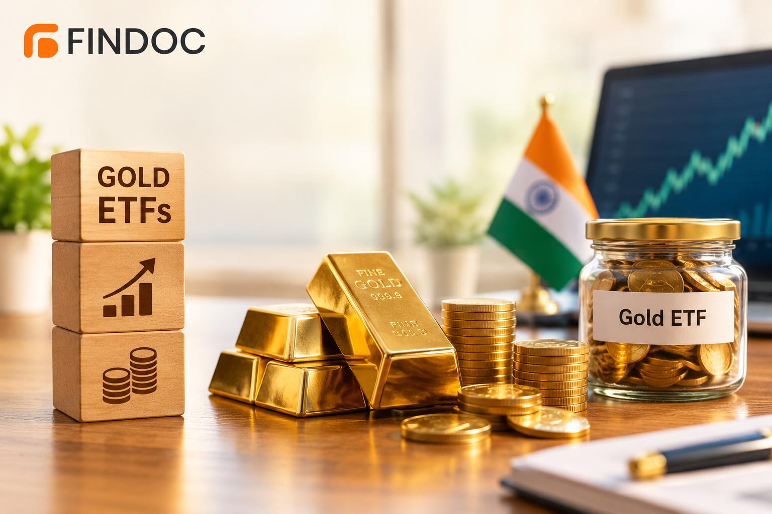 Gold bars and coins beside Indian flag