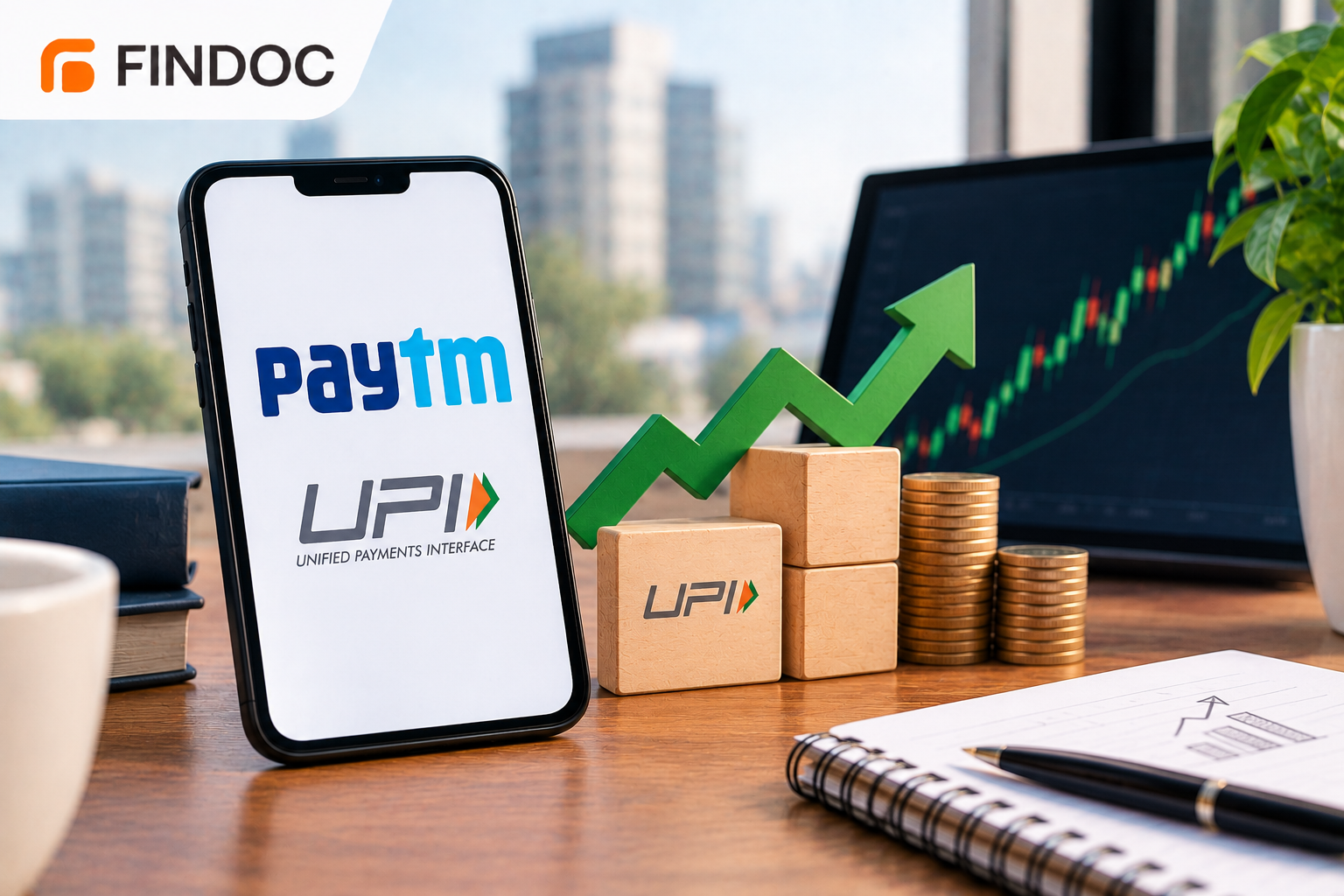Smartphone showing Paytm UPI logo with green arrow graph