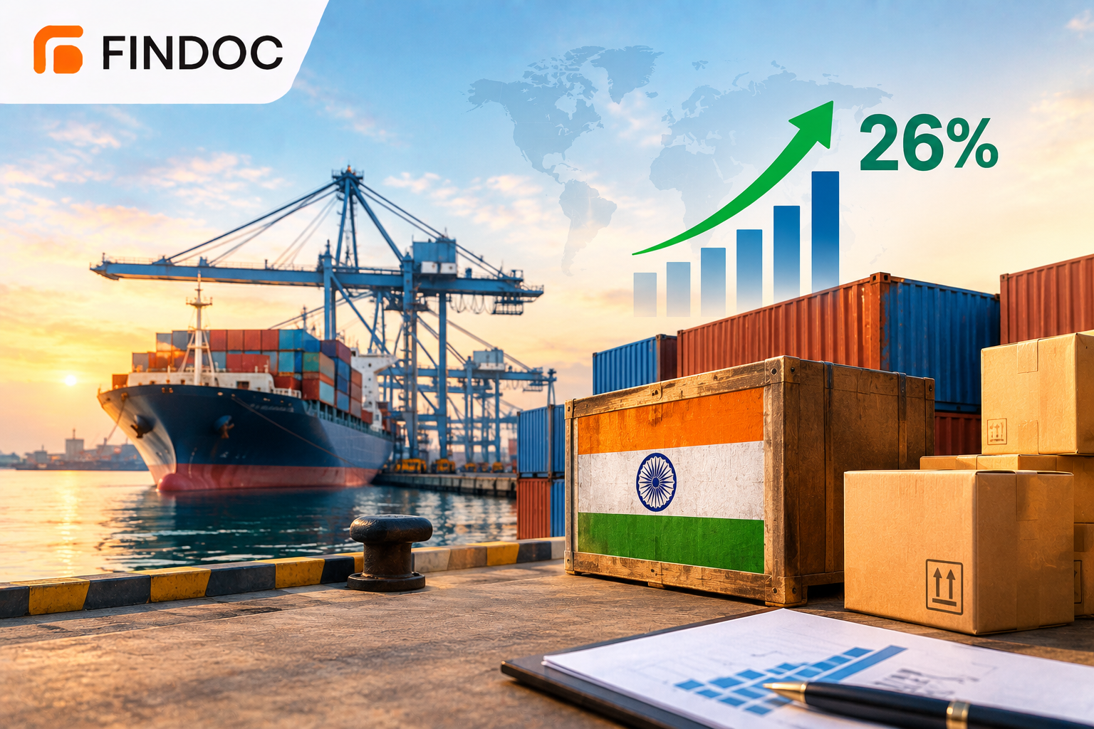 Indian cargo port with growth chart showing 26% increase