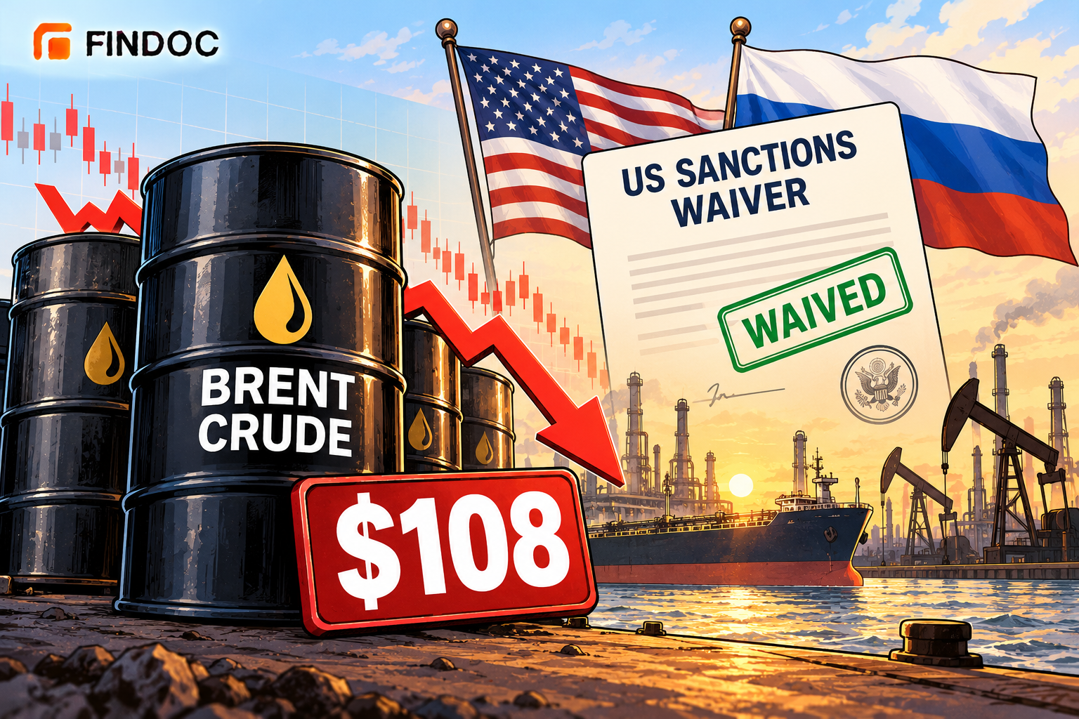 Brent Crude Slips to $108 as US Waives Russia Oil Sanctions