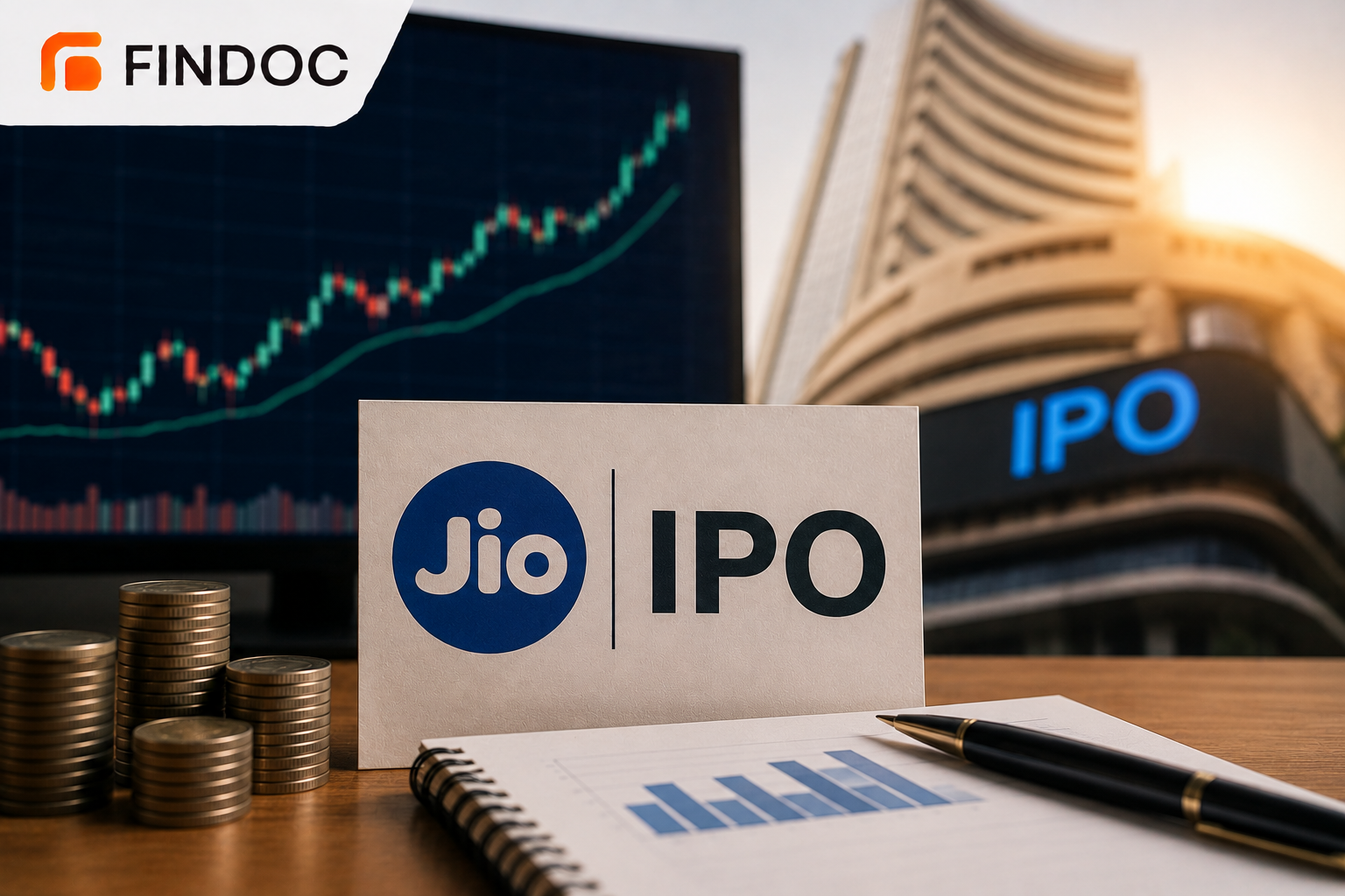 Jio IPO sign with stock market background