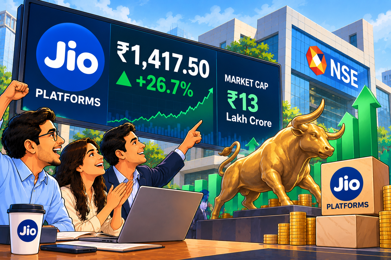 Jio Platforms Ends Debut at ₹1,417.50, Up 26.7% on IPO Price; Market Cap Crosses ₹13 Lakh Crore