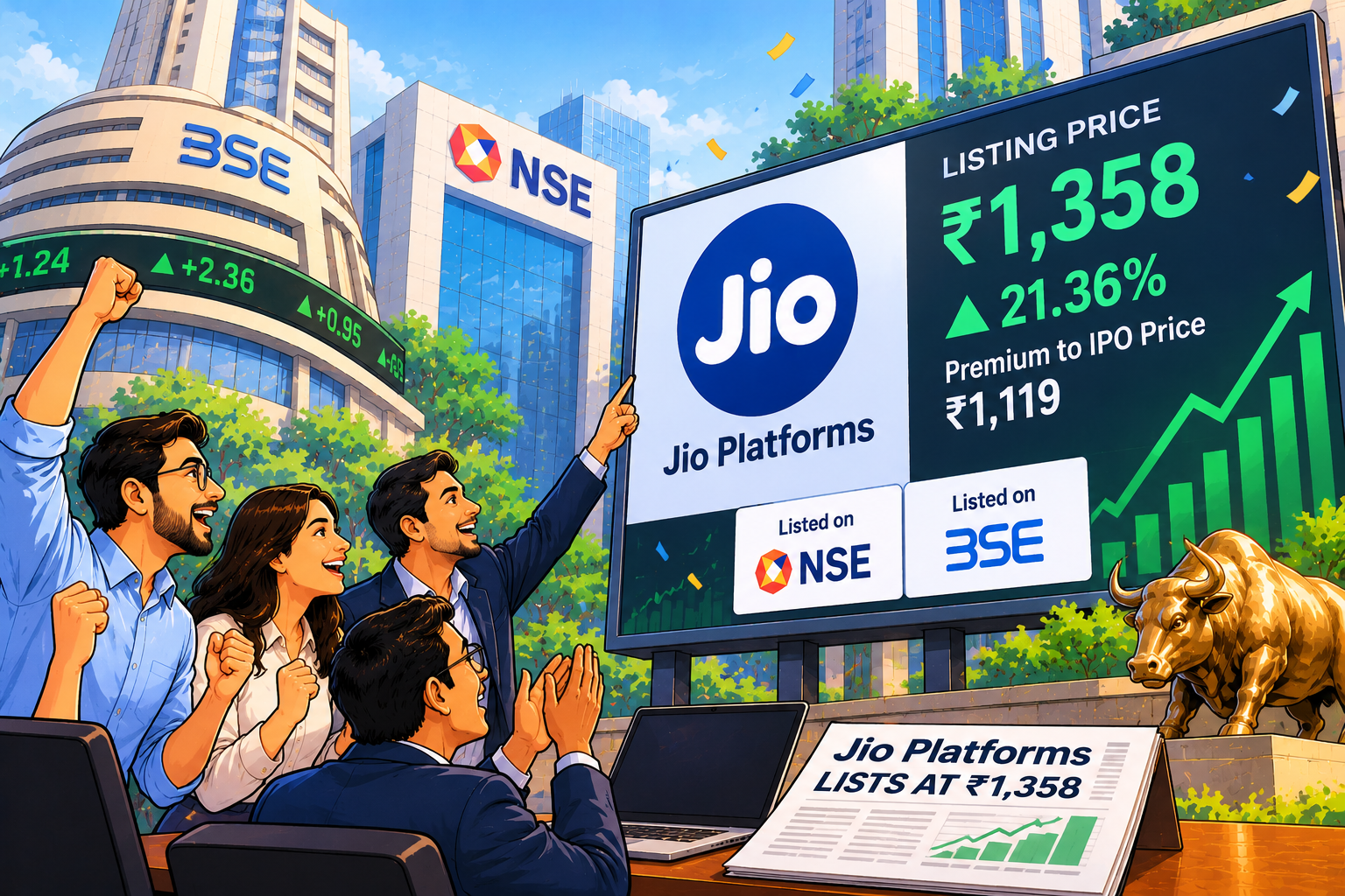 Jio Platforms Shares List at ₹1,358, a 21.36% Premium to the ₹1,119 IPO Price, on NSE and BSE