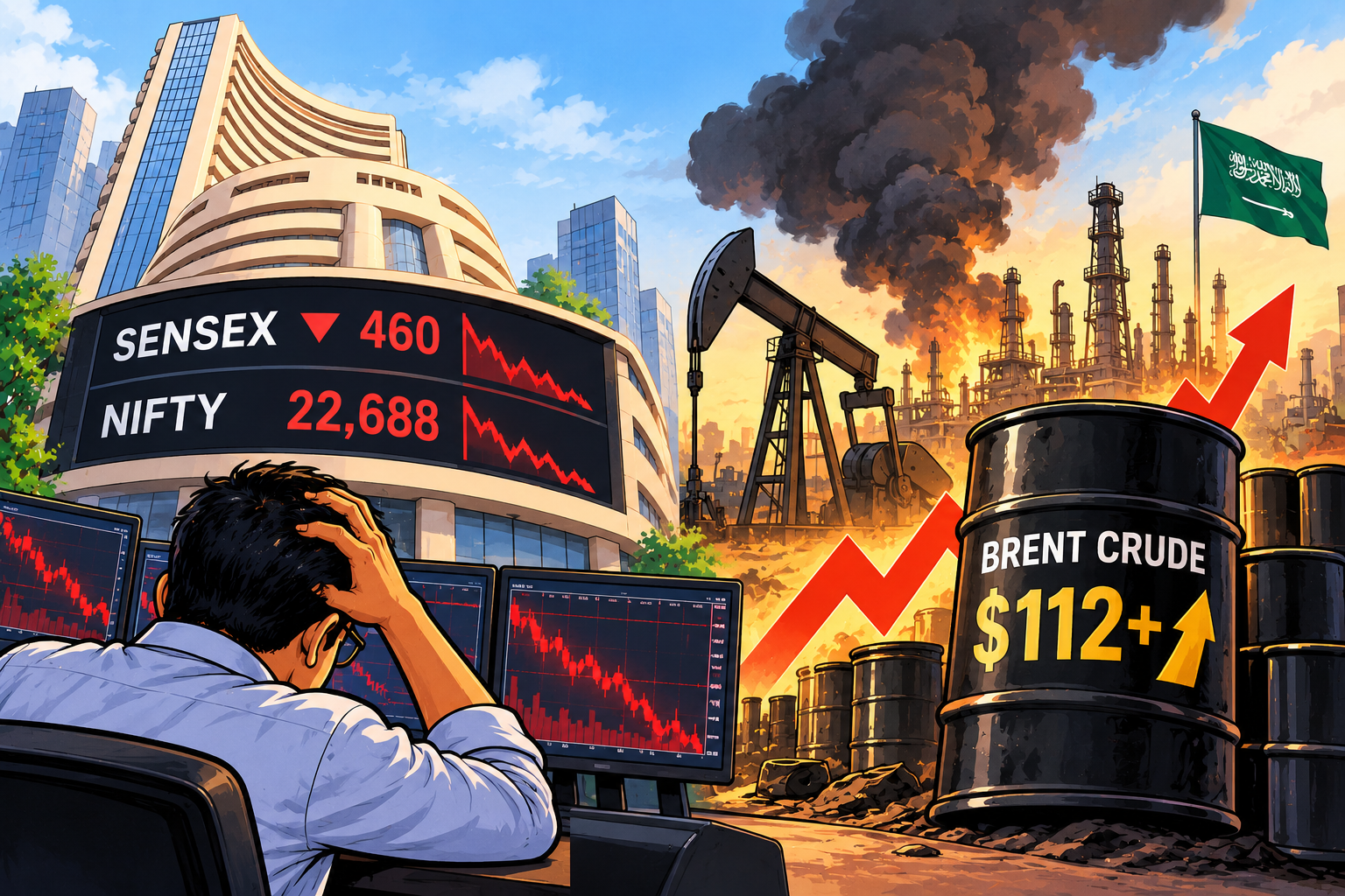Sensex Falls 460 Points, Nifty Ends at 22,688 as Brent Crude Tops $112 After Saudi Oilfield Attack