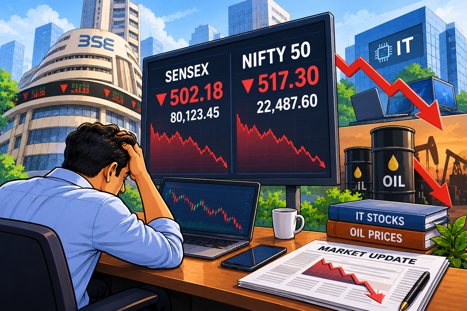 Sensex Drops Over 500 Points in Early Trade, Nifty Slips Below 22,500 as IT Stocks and Oil Weigh