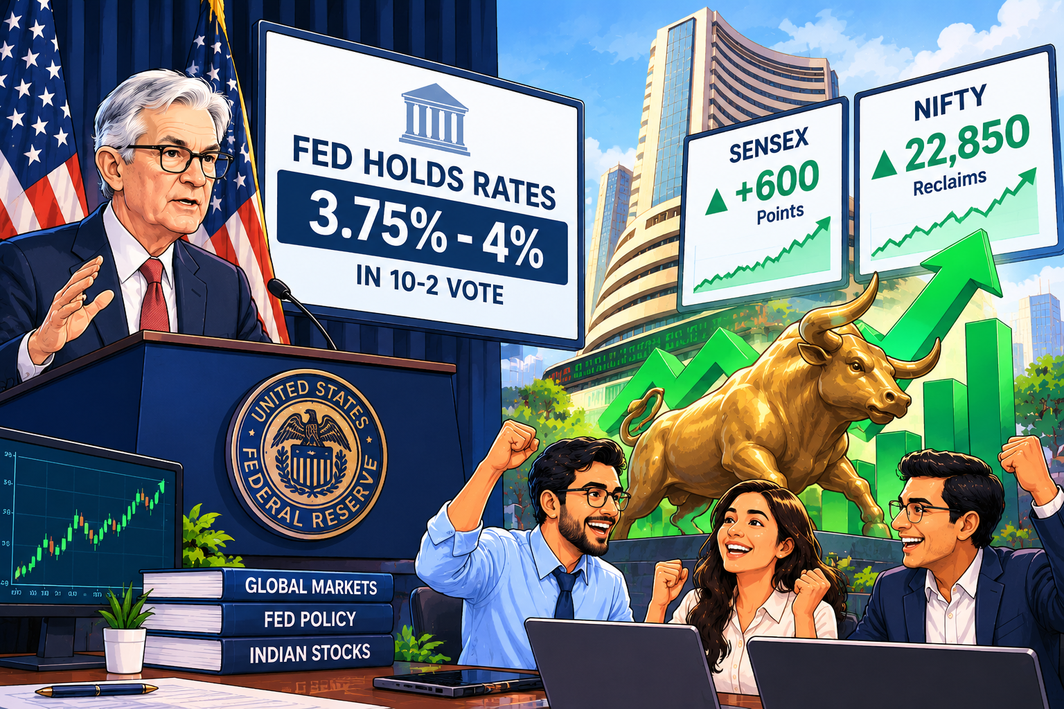 Fed Holds Rates at 3.75% to 4% in 10-2 Vote; Sensex Jumps Over 600 Points and Nifty Reclaims 22,850