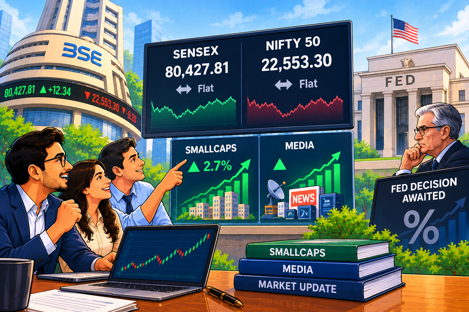 Sensex, Nifty End Flat on October 27 as Smallcaps Surge 2.7% and Media Jumps; Fed Decision Awaited