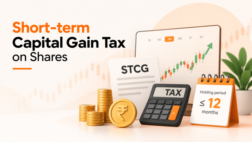 Short-term capital gains tax on shares in India illustrated with a stock market chart, tax calculator, rupee coins, and a 12-month holding period calendar.